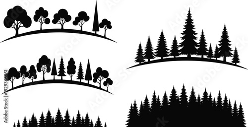 Set of Pine and Deciduous Tree Forest Silhouettes with Curved Horizon Lines for Nature Landscape flavector Outdoor Environment Vector Illustration Design