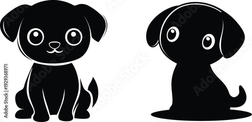 Cute puppy silhouette vector illustration. Adorable dog mascot sitting pose isolated on white background.