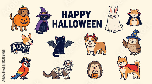 Cute Happy Halloween Animals in Costumes Vector Illustration Collection - Dogs, Cats, Rabbit, Owl, Hamster, Ferret, Hedgehog, Parrot