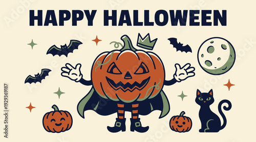 Happy Halloween Retro Greeting Card with Vintage Jack-o'-Lantern Character, Black Cat, Bats, and Pumpkins Illustration