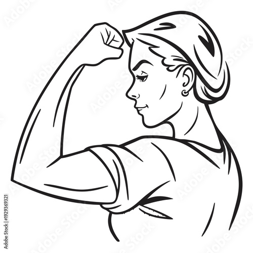 Strong Woman Flexing Bicep Line Art Illustration