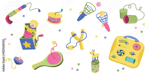 Large set of retro vintage toys flat lay illustration on white background