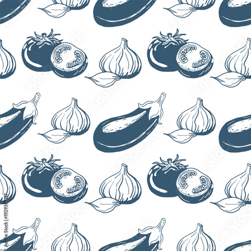 Hand drawn vector seamless pattern of vegetables, perfect for invitations, menus, parties. La dolce vita minimalist background for poster, placard, print, card.	