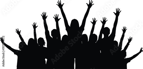 Silhouette of a Diverse Group of People Cheering with Raised Hands and Open Arms Representing Community Success Joy and Collective Celebration