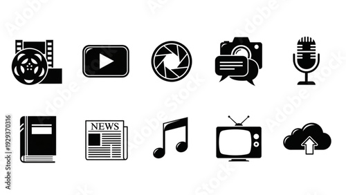 Media and Content Icon Set – Modern Line and Glyph Digital Multimedia Symbols Collection