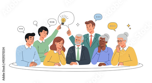 Diverse Team Brainstorming Ideas and Solutions - Collaborative Business Meeting with Multi-Generational Group Discussion and Innovation