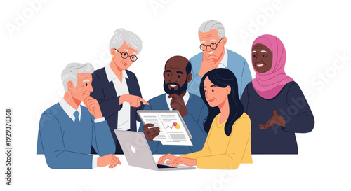 Diverse Multi-Generational Business Team Collaborating with Laptop and Documents. Inclusive Professionals Discussing Ideas, Mentoring, and Working Together.