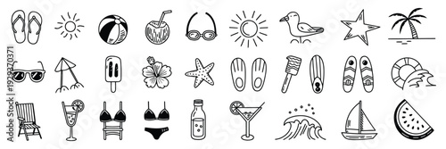 Hand Drawn Summer Symbols Doodle Set, Cute Seasonal Icons Collection for Beach Party, Vacation, Travel and Sunny Holiday Vector Illustration