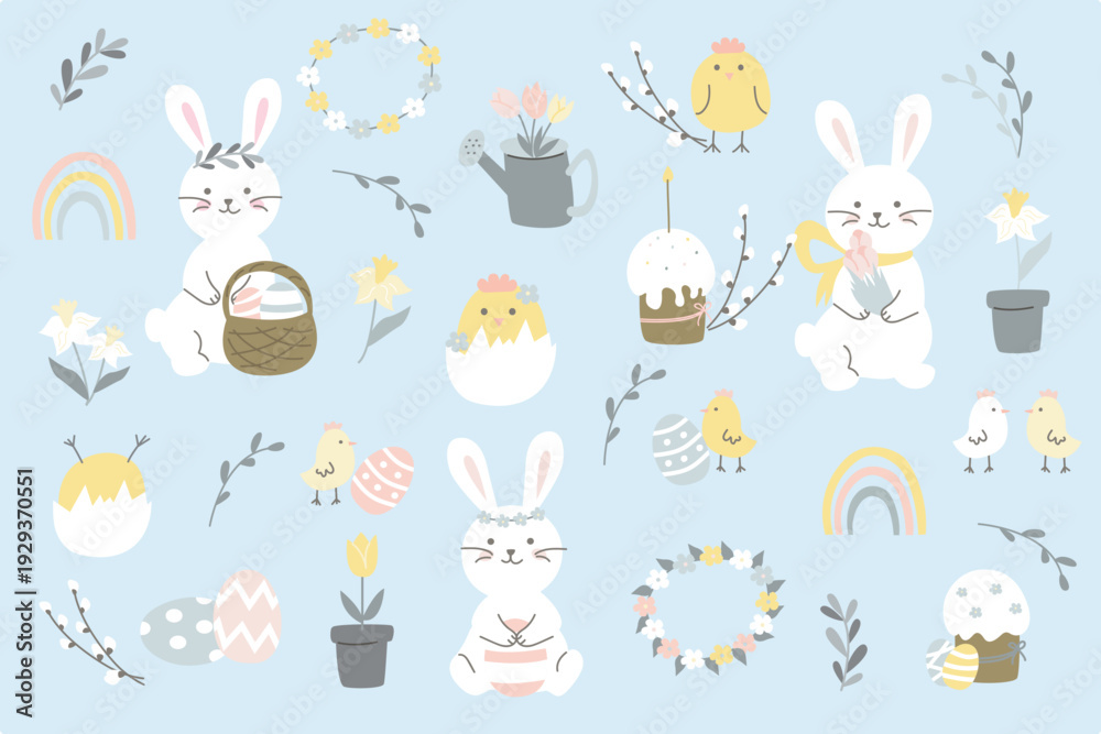 Fototapeta premium Easter element vector set. Cute hand drawn rabbit, chicken, easter egg, spring flowers, leaf branch. Collection of design for decorative, card