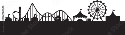Black silhouette amusement park landscape with rollercoaster and ferris wheel