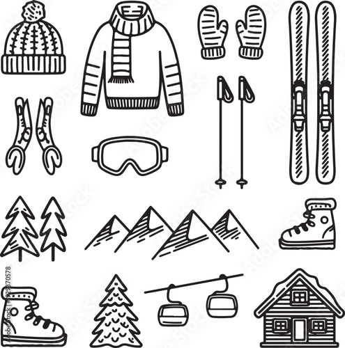 Winter skiing and snowboarding equipment and icons