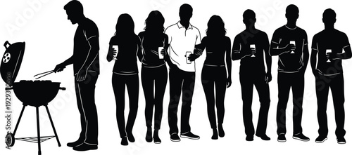 Silhouette of a happy multi generational family and diverse community group enjoying outdoor activities like picnics and backyard barbecue parties.