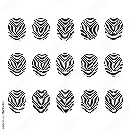 A unique set of black and white abstract vector circles and shapes featuring biometric fingerprint patterns for security identity and criminal identification design