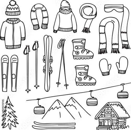 Winter ski resort clothing and equipment illustrations