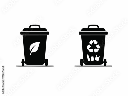Waste Segregation Icons for Organic and Inorganic Trash Bins with Recycle Symbols