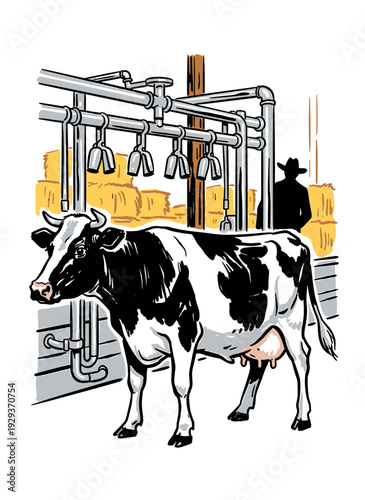 Holstein cow in milking barn, hand drawn vector illustration for dairy farming and agriculture industry.