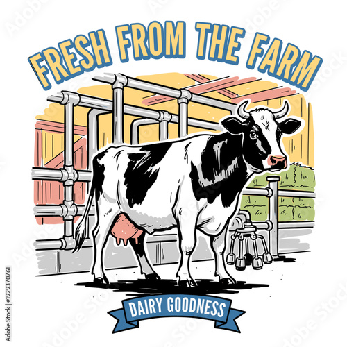 Fresh from the farm dairy cow with milking equipment in barn, hand drawn style vector illustration for milk product label or farm emblem.