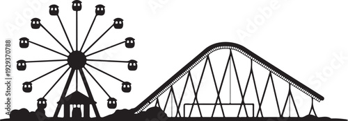 Black silhouette amusement park ride and rollercoaster