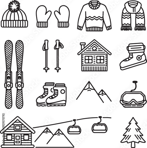 Winter sports and mountain resort icons