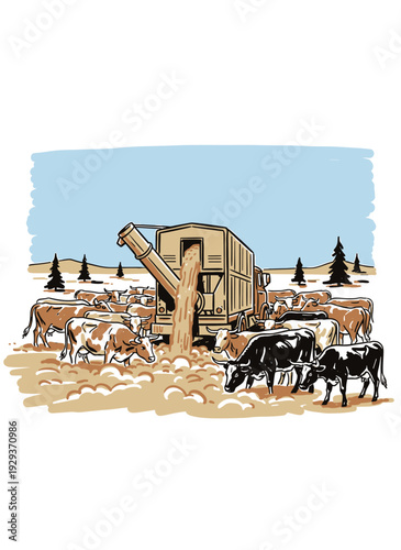 Cattle herd feeding from mobile feed truck on a farm, agricultural livestock raising concept vector illustration.