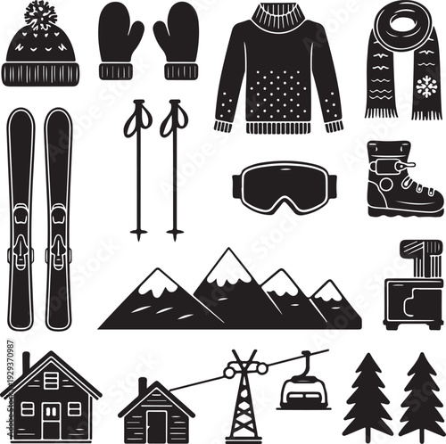 Winter skiing and snowboarding equipment and mountain resort scene