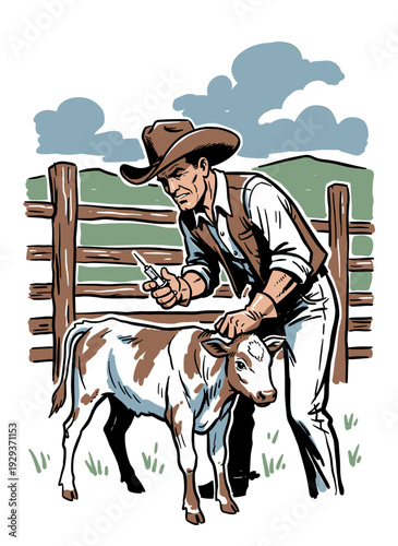 Vintage western cowboy vaccinating a calf on a farm, hand drawn comic book style vector illustration for agricultural care.