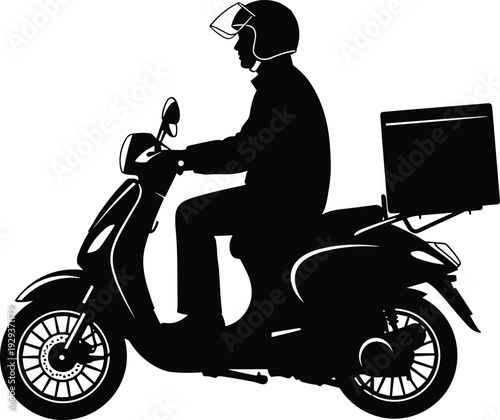 Silhouette of Delivery Courier Riding a Scooter Motorbike with Cargo Box for Food Transport Logistics Service and Online Order Shipping