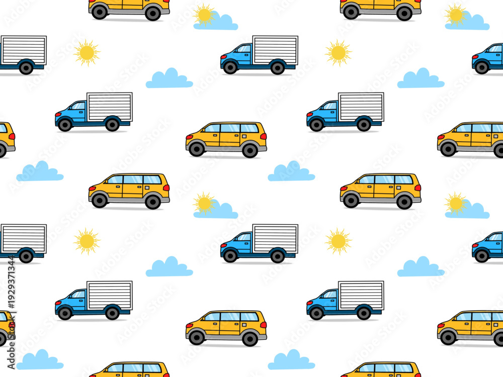 Naklejka premium Seamless pattern of yellow vans and blue box trucks with cloud and the sun. Transportation-themed design.