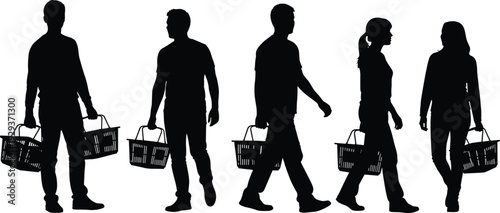 Silhouette of Diverse People Carrying Shopping Baskets and Walking for Retail Consumer Research Supermarket Marketing and Grocery Store Commerce Design