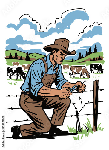 Retro Western farmer fixing barbed wire fence, agricultural scene with cows in field, vintage comic book style vector illustration.