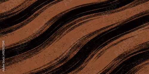 A close up of a brown leather fabric texture with a dark chocolate satin wave pattern and a shiny liquid curve design on a soft textile backdrop