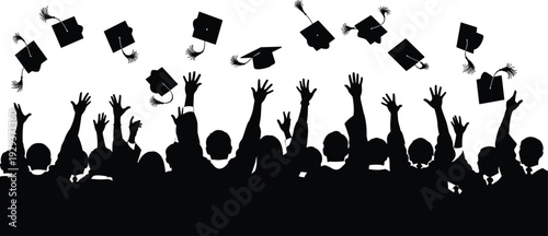 Silhouette of flavector graduating students cheering and throwing caps in the air celebrating academic success at a university graduation ceremony,