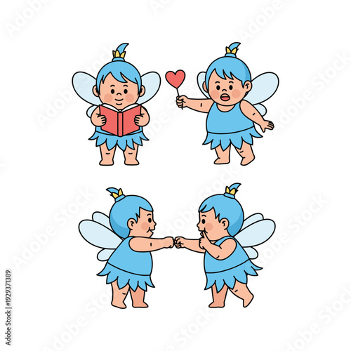 Cute cartoon fairies showing love and friendship in various poses