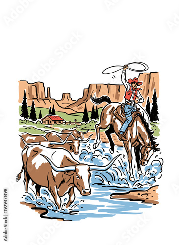 Wild west cowboy on horse driving longhorn cattle across river, hand drawn vector illustration in graphic style for western theme design.