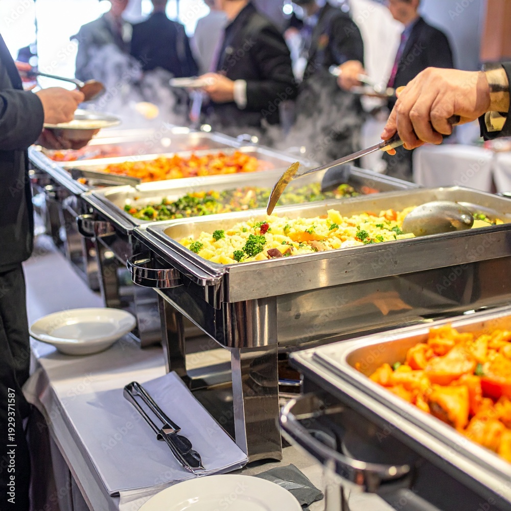 Obraz premium Buffet catering service with various hot dishes and guests serving food at an event