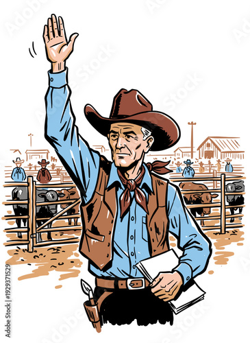 Western cowboy auctioneer raising hand, bidding at a cattle market stockyard. Vector illustration for agriculture business.