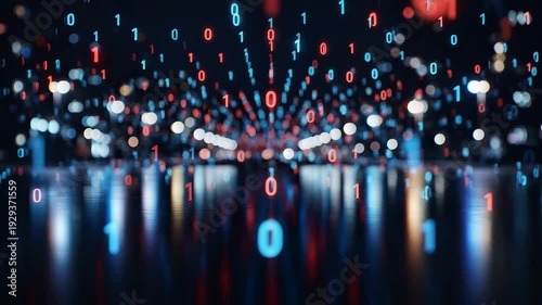 Binary Code Falling in Slow Motion on Dark Background, symbolizing digital data and technology