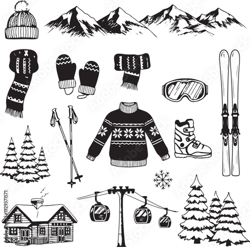 Winter sports and vacation illustrations with ski gear and mountain scenery
