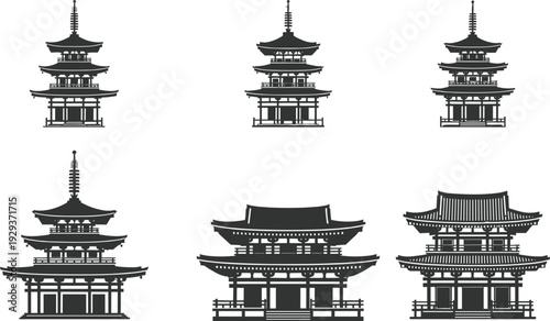 Black silhouette illustrations of Japanese pagodas, temple buildings, multi-tiered roofs, spires, railings, eaves, cultural architecture, historical design, religious structures, traditional heritage