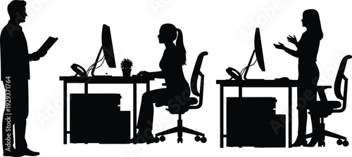 Silhouette of Office Professionals Working at Desks and Collaborating in a Modern Business Workspace Environment for Corporate Productivity and Teamwork