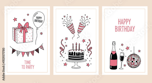 Birthday celebration cards set with gift box cake candles champagne and disco ball in cad drawing flat vector illustration for party