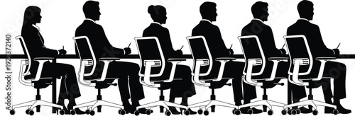 Silhouette of professional business people sitting in a row at a conference table for a corporate meeting, seminar, or panel.