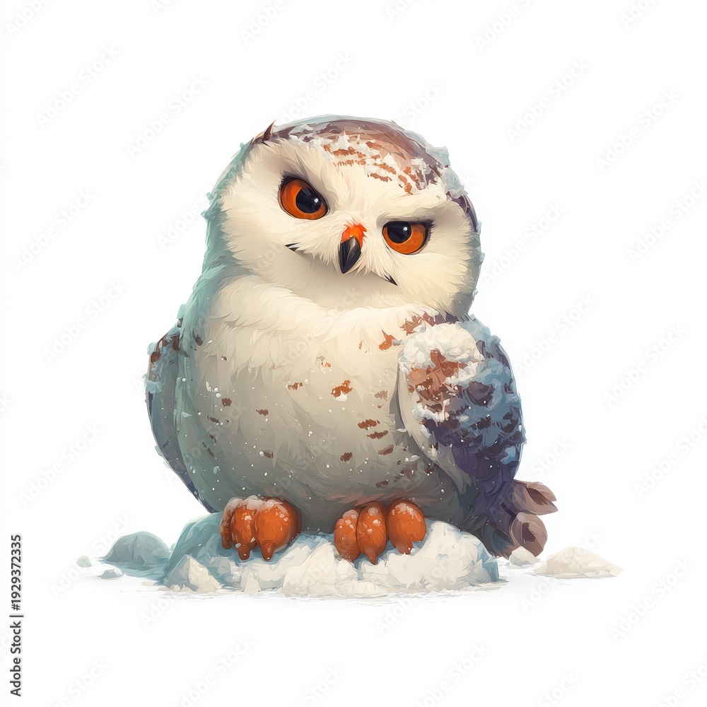 Obraz premium Adorable chibi snowy owl with bright orange eyes perched on snow