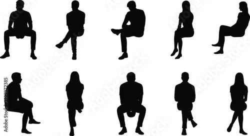 Silhouettes of seated people in various postures, vector illustration showcasing diverse sitting positions, body language, design reference, artistic inspiration.