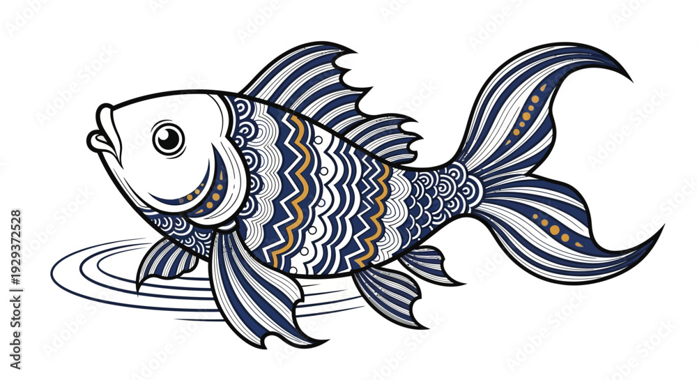 Fototapeta premium Ornate Fish Illustration with Blue and Gold Patterns, Isolated on White