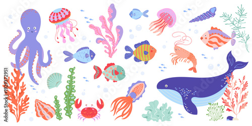 Cute underwater world elements set with whale, octopus, fish, crab, jellyfish, coral, seaweed. Cartoon kids marine collection with friendly characters for nursery design, fabric, prints, decor
