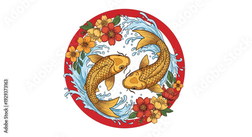 Golden Koi Fish Swimming in Circle with Flowers and Water Splashes