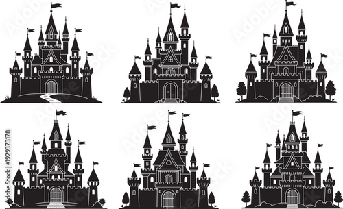Black silhouette illustrations of medieval castles, towers, turrets, flags, arched entrances, battlements, trees, pathways, fantasy theme, fairy tale design, architectural structures