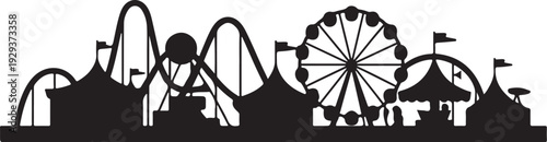 Black silhouette amusement park rides on white background