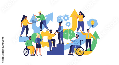 Inclusive Team Collaboration: Diverse professionals driving business growth, innovation, and problem-solving with ideas, gears, and upward arrows for success.